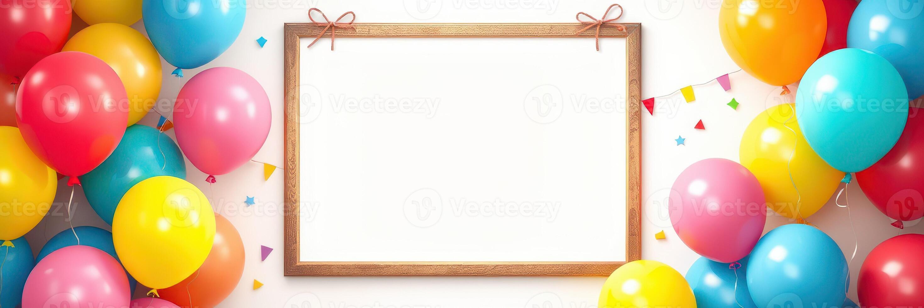 Colorful balloons frame a blank canvas for a festive celebration decoration setup ready for any occasion photo