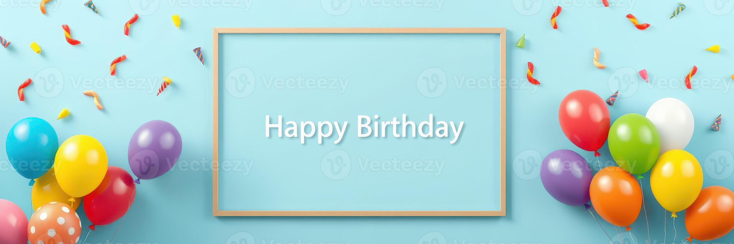 Colorful balloons and decorations create a festive atmosphere for a birthday celebration on a blue background with a cheerful message photo