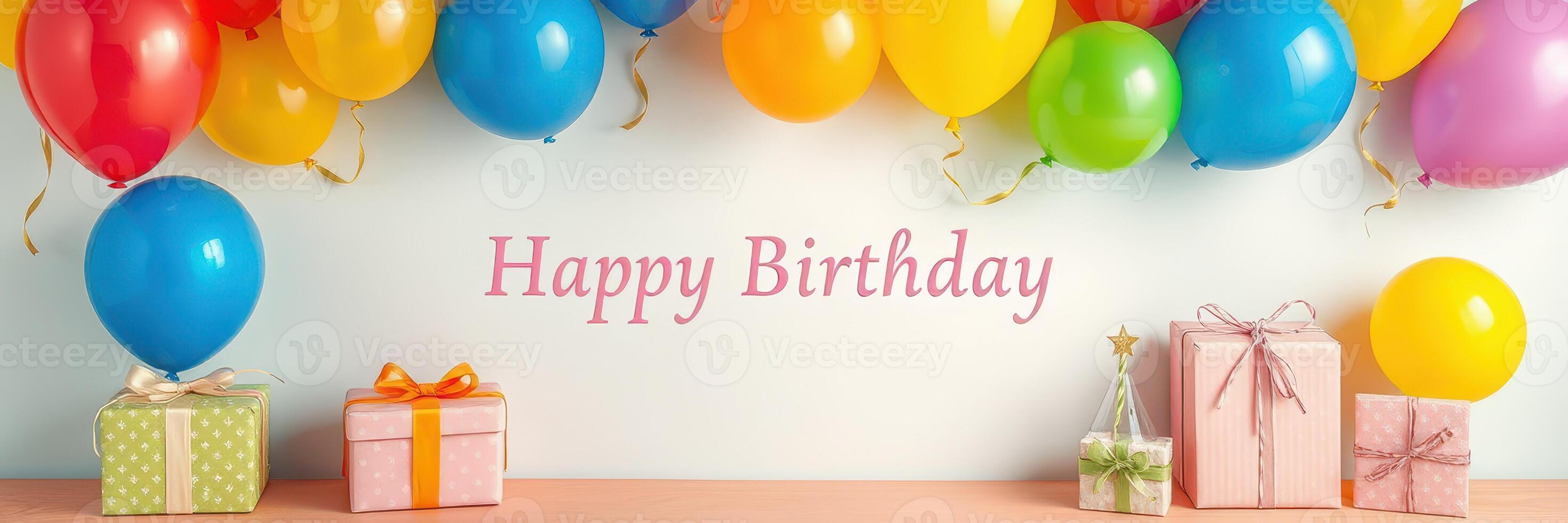 Brightly colored balloons and gifts create a festive atmosphere for a birthday celebration in a cheerful indoor setting photo