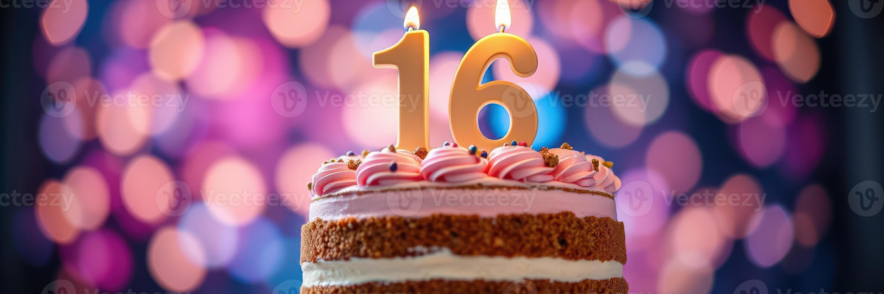 Sweet sixteen birthday cake with candles and colorful bokeh lights in the background celebrating a special milestone photo