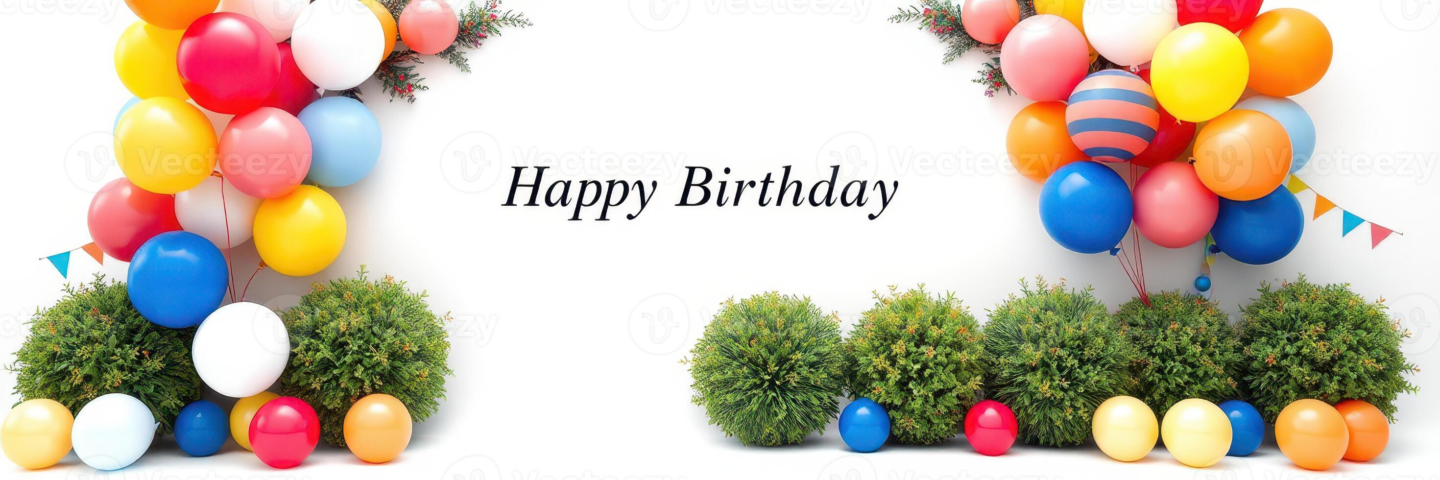 Colorful birthday decoration with balloons and greenery for a joyful celebration event setting photo