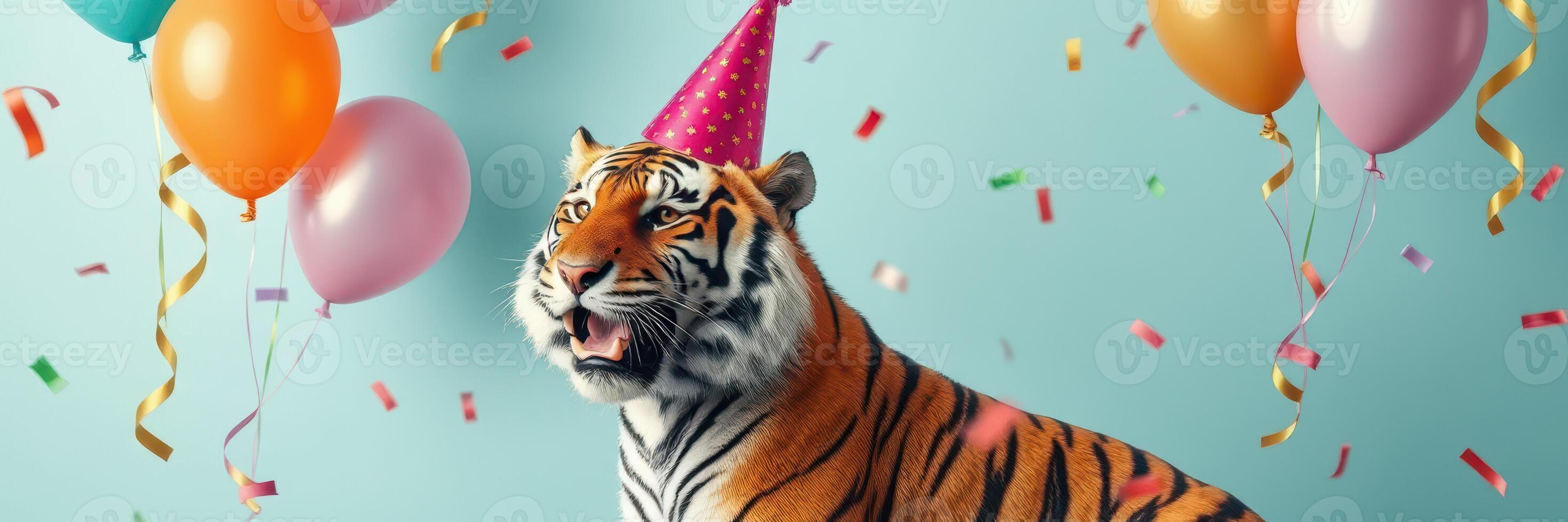 Tiger celebrates birthday with colorful balloons and confetti in a festive atmosphere photo
