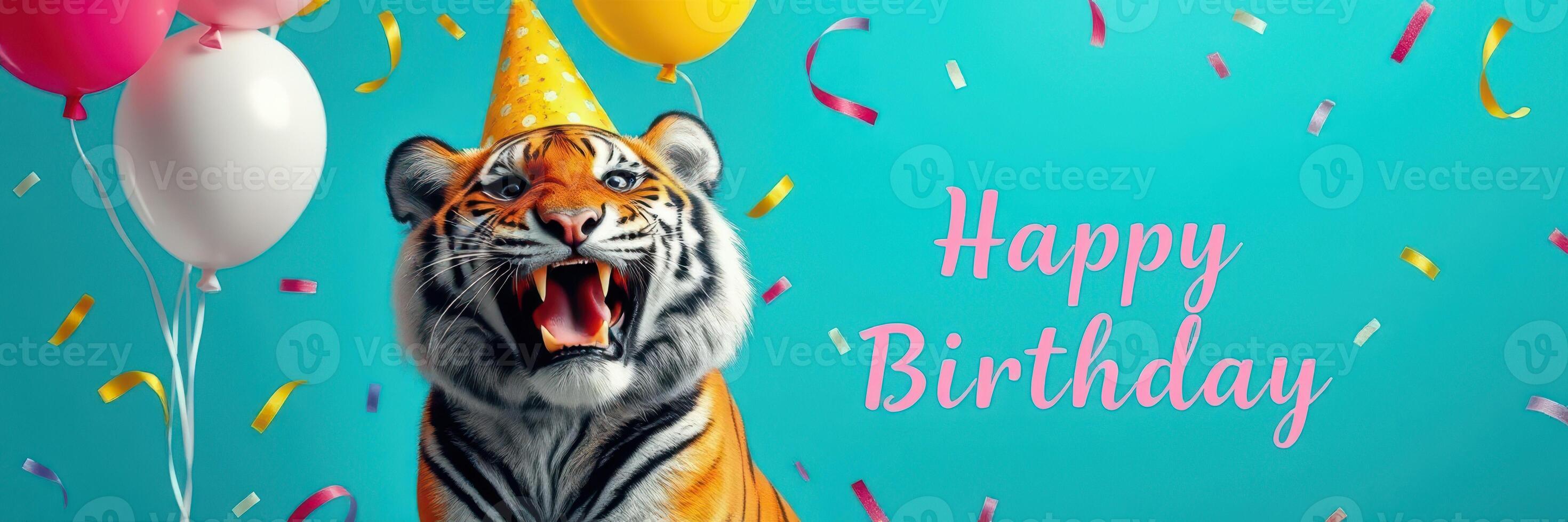 Celebratory tiger with balloons and confetti wishing happy birthday in a vibrant setting photo