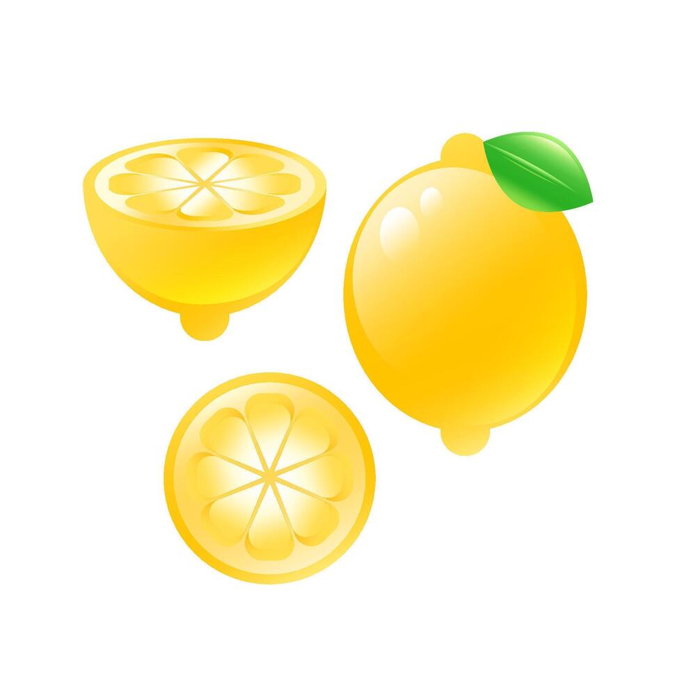 Illustration of a whole and cut lemon in a realistic 2D style. vector