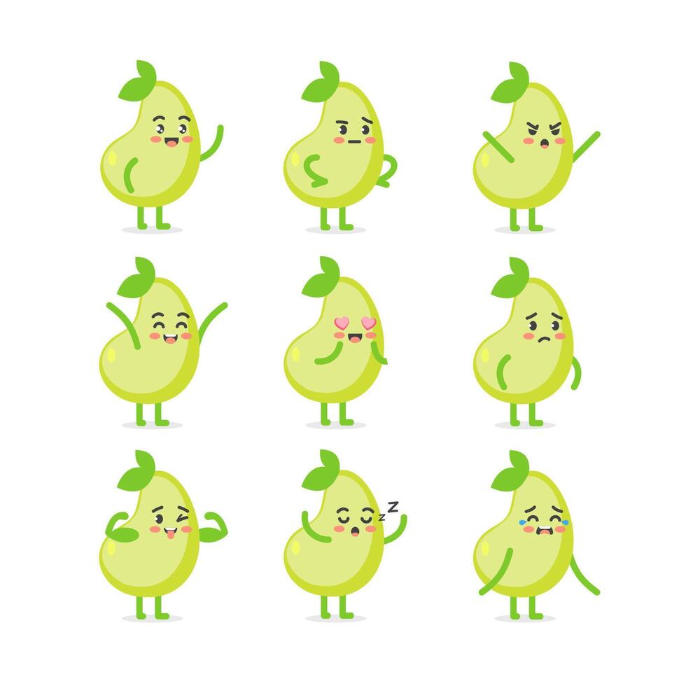 Set of emotions and poses of the pear character in a cute cartoon funny flat style. vector