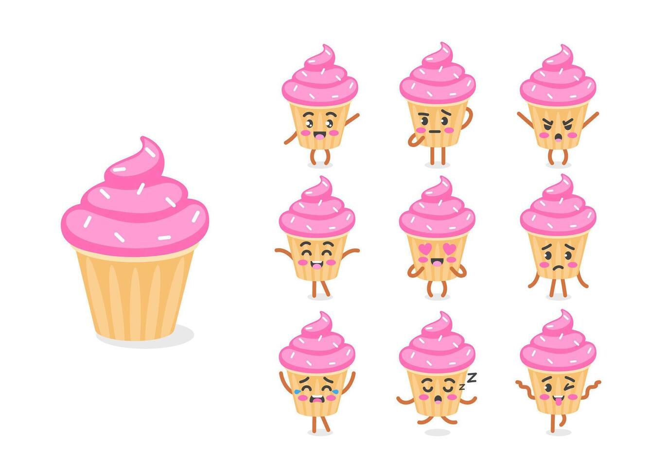 Set of emotions and poses of the cupcake character in a cute cartoon funny flat style. vector