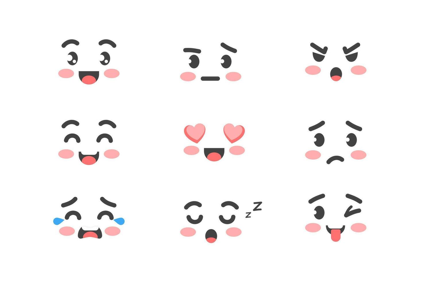 Set of character facial emotions in cute cartoon funny flat style. vector