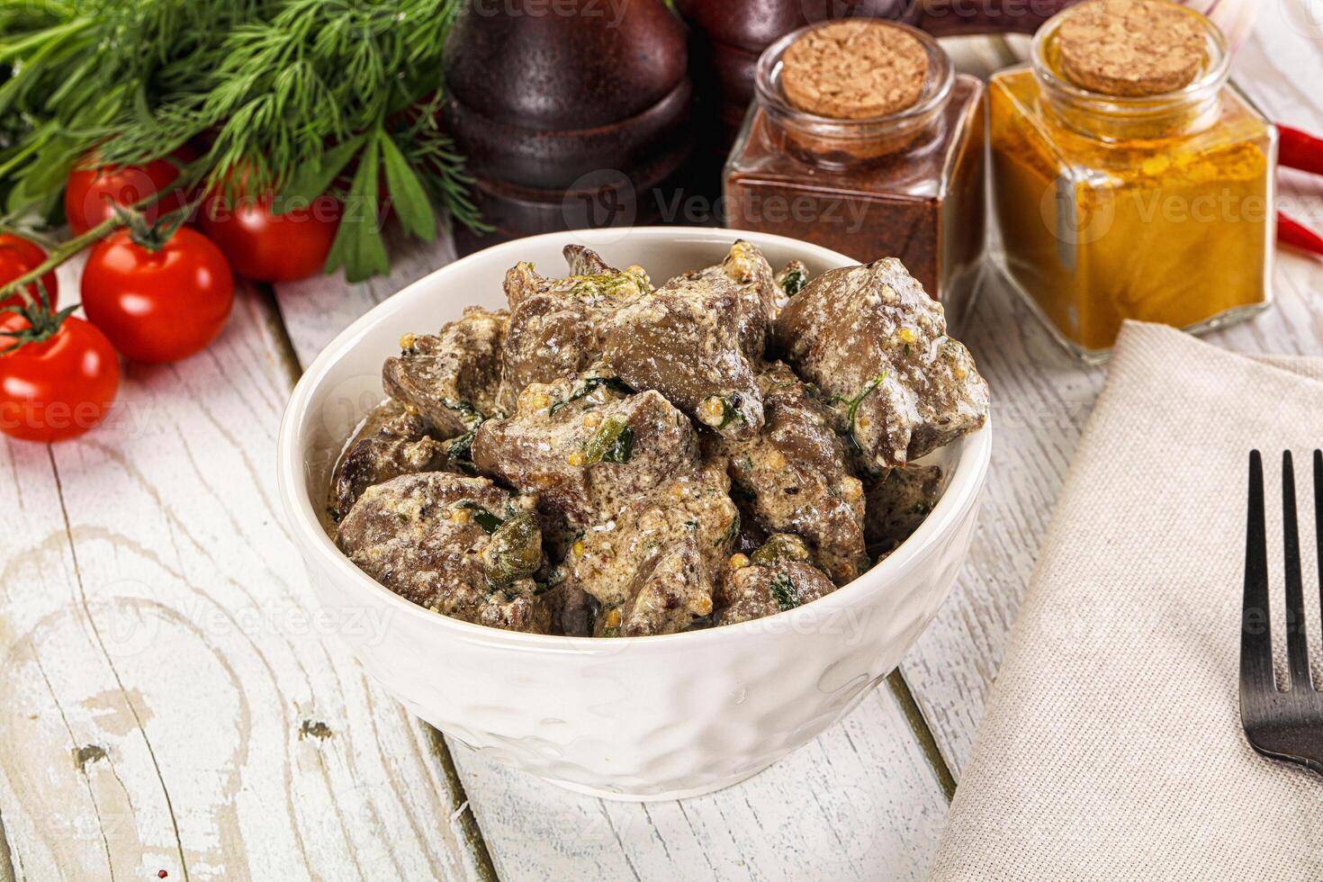 Roasted chicken liver with cream photo