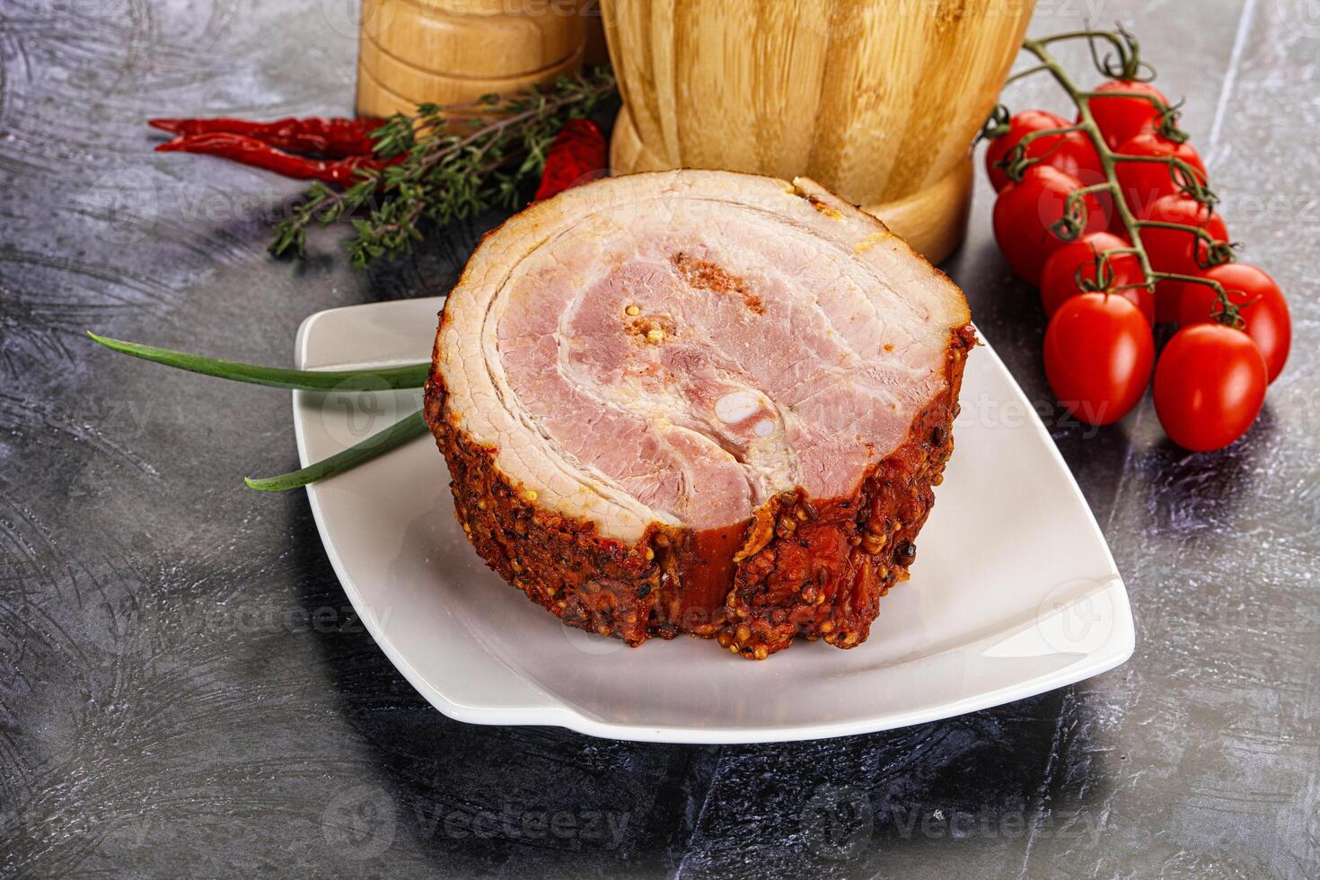 Tasty and fat smoked pork belly photo