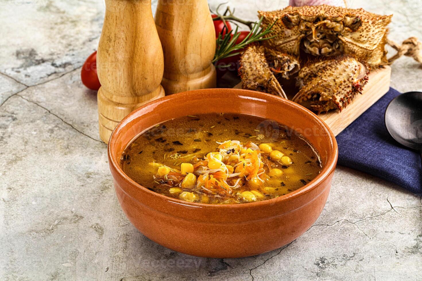 Hot Crab corn soup with vegetables photo
