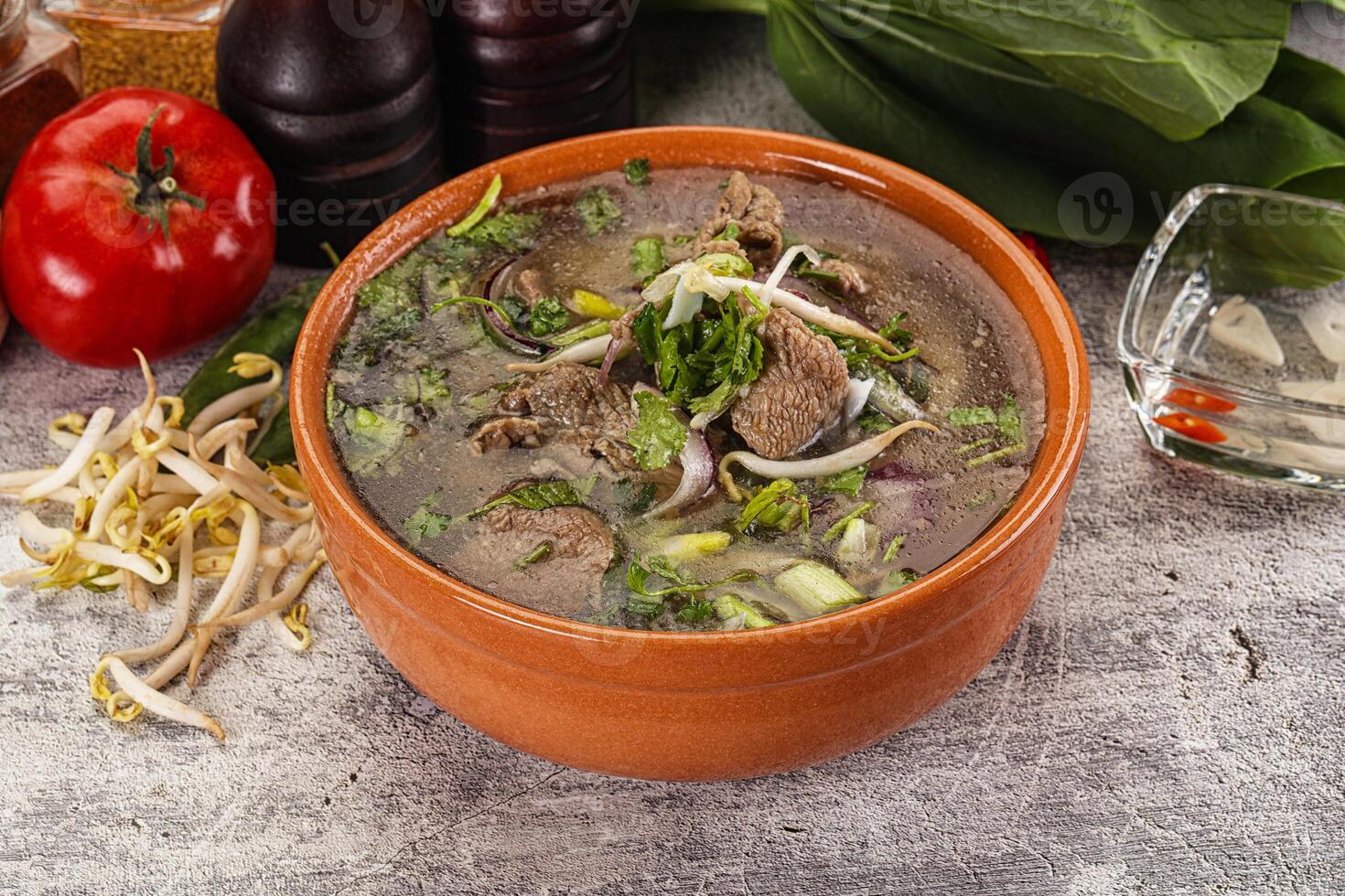 Vietnamese cuisine - Pho Bo soup with beef photo