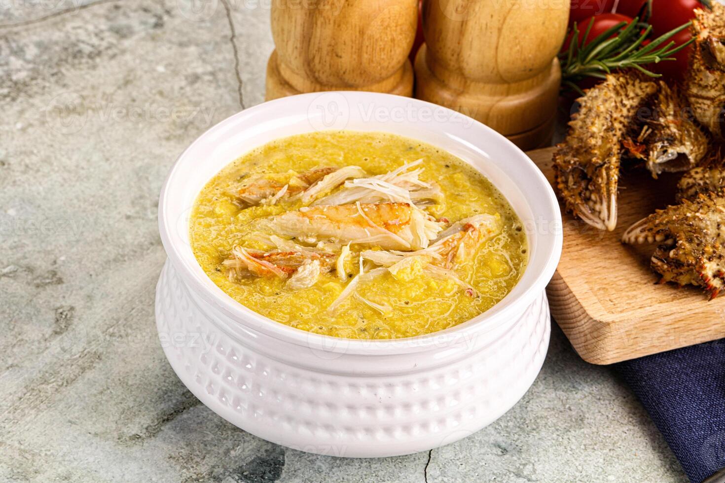 Corn cream soup with crab photo
