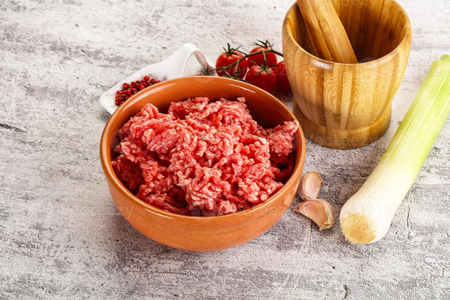 Minced beef meat in the bowl photo