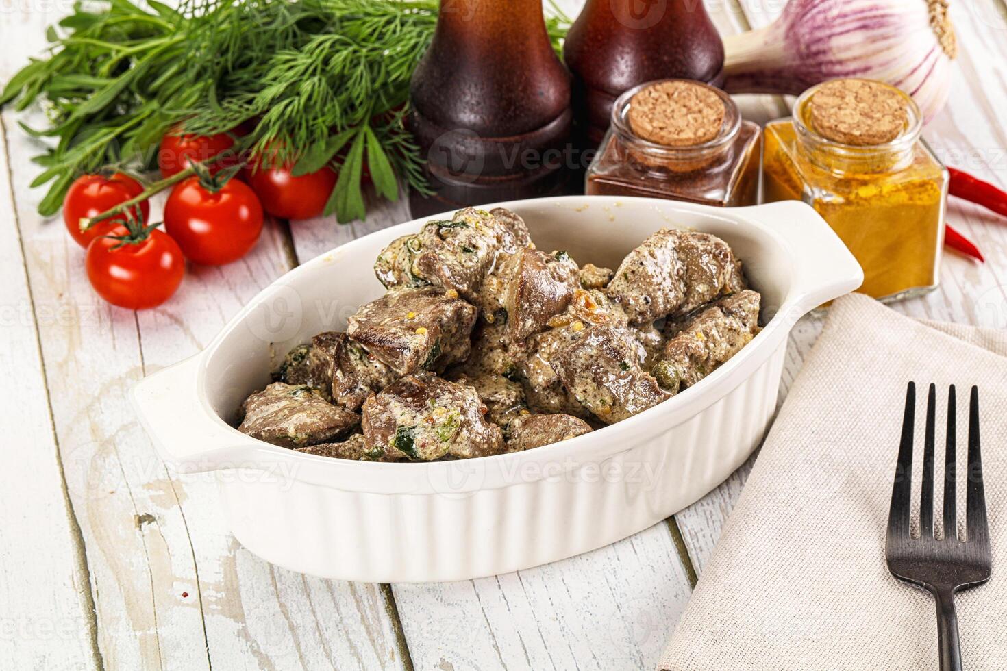 Roasted chicken liver with cream photo