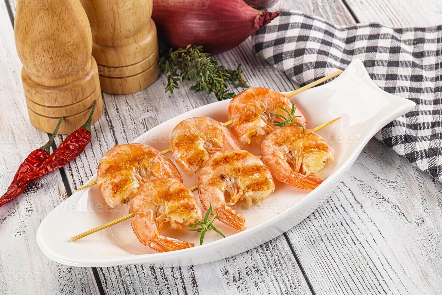 Grilled king prawn skewer snack photo