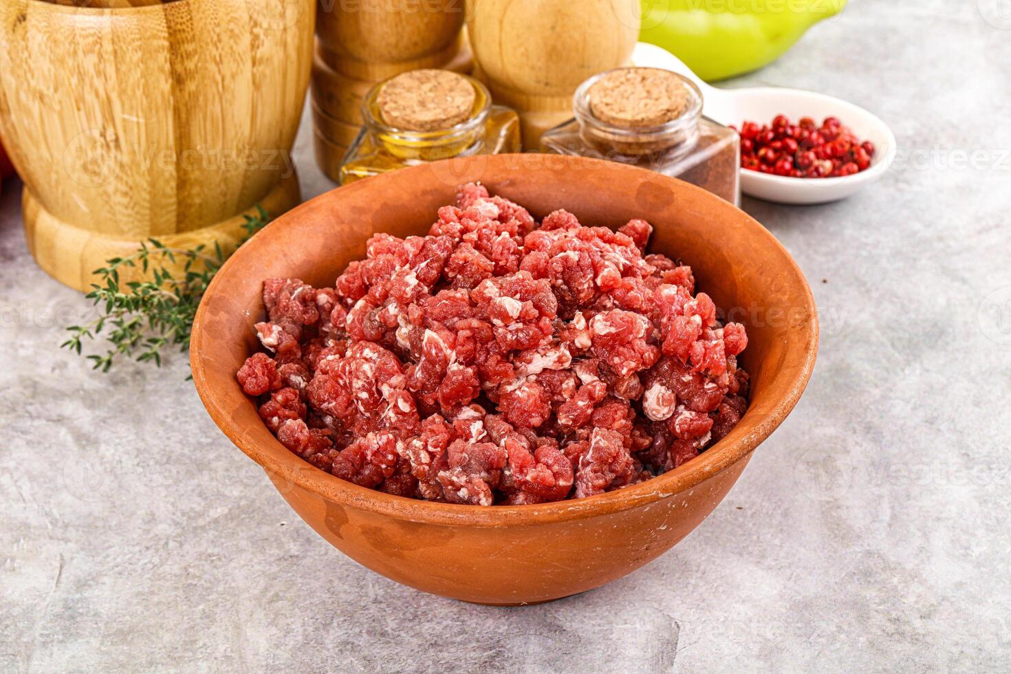 Raw beef minced meat for cooking photo
