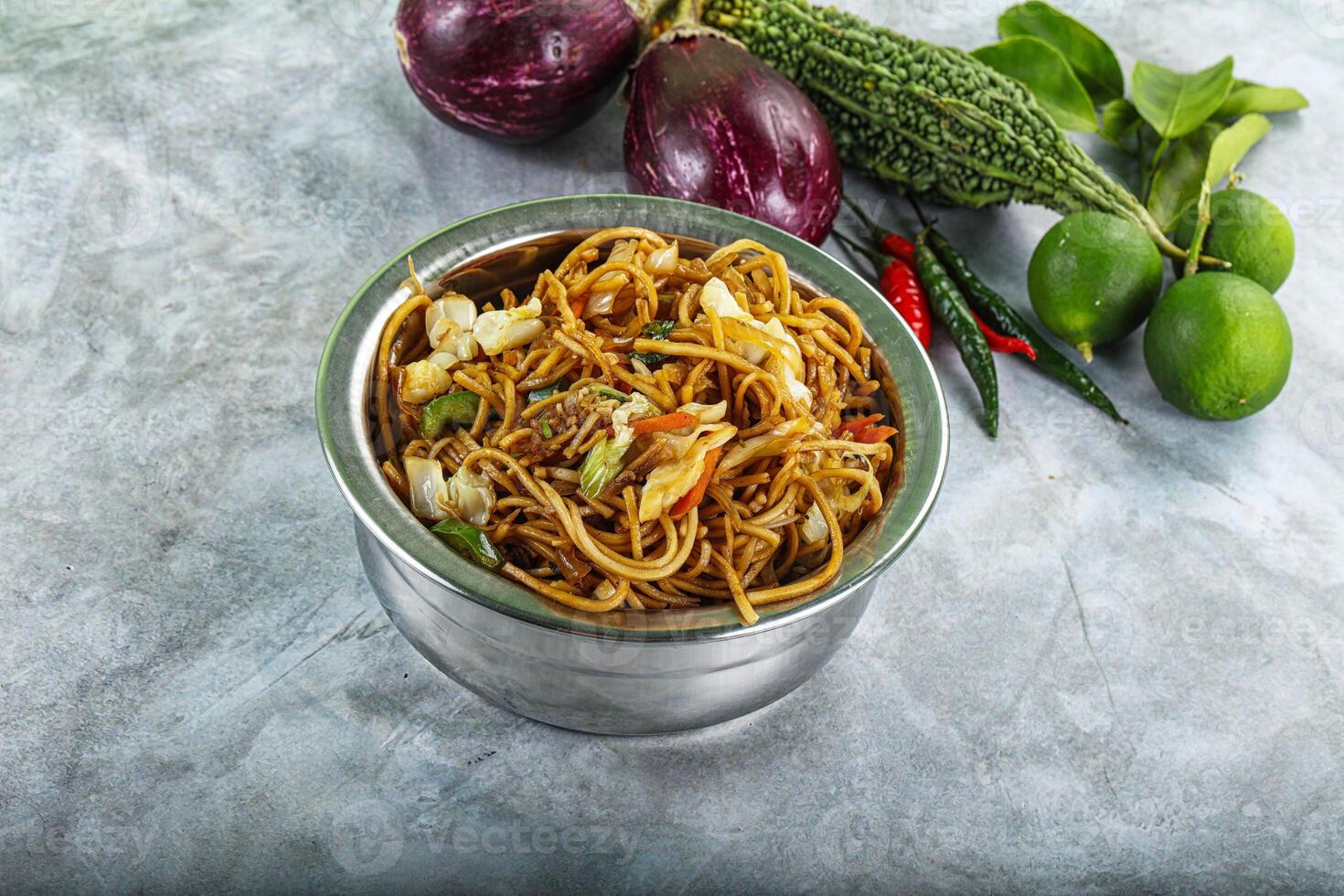 Stir fried noodles with vegetables photo