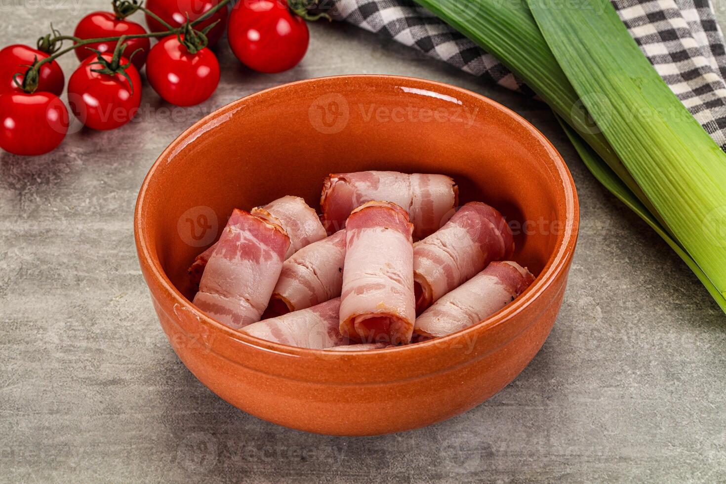Fresh raw pork bacon roll photo