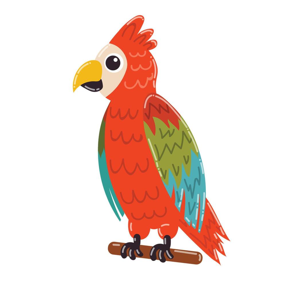 Cute cartoon red Macaw parrot sitting on the stick. Tropical parrot in flat style isolated on white background. vector