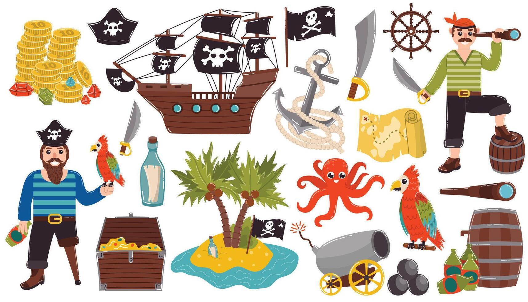 Cartoon pirate set of design elements in flat style. Pirates and ship, anchor and ship's wheel, treasure map and Macaw parrot. vector