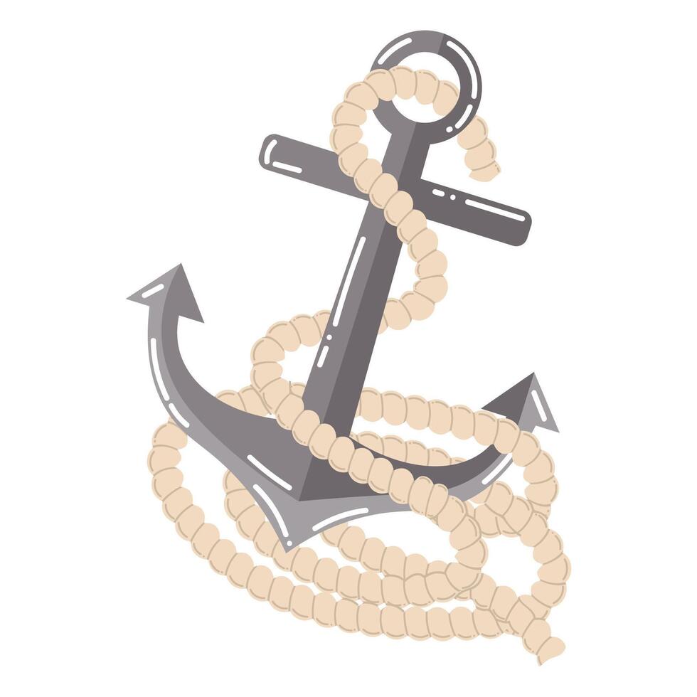 Cartoon sea anchor from ship with rope in flat style. Nautical concept. vector