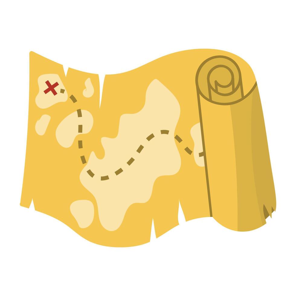 Cartoon old pirate treasure map with islands and cross in flat style isolated on white background. vector