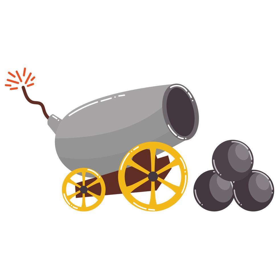 Cartoon ship cannon with cannonballs in flat style isolated on white background. vector