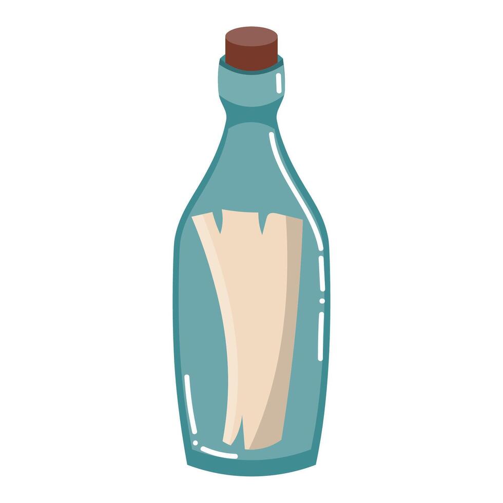 Cartoon bottle with note from sunken ship abandoned sea in flat style. vector