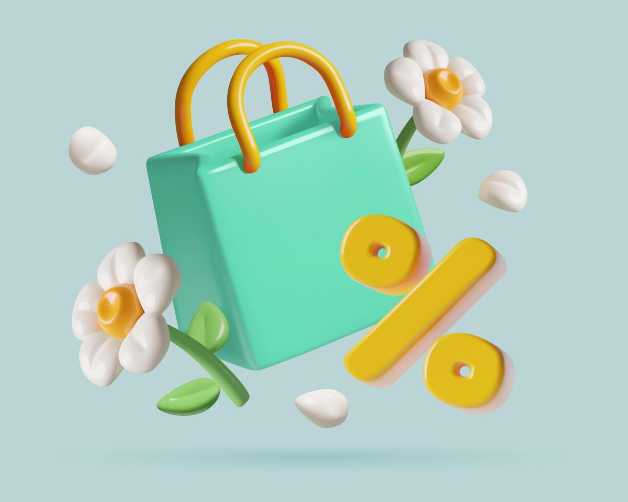 Spring and summer sale 3d icon with shopping bag, flowers and percentage sign vector