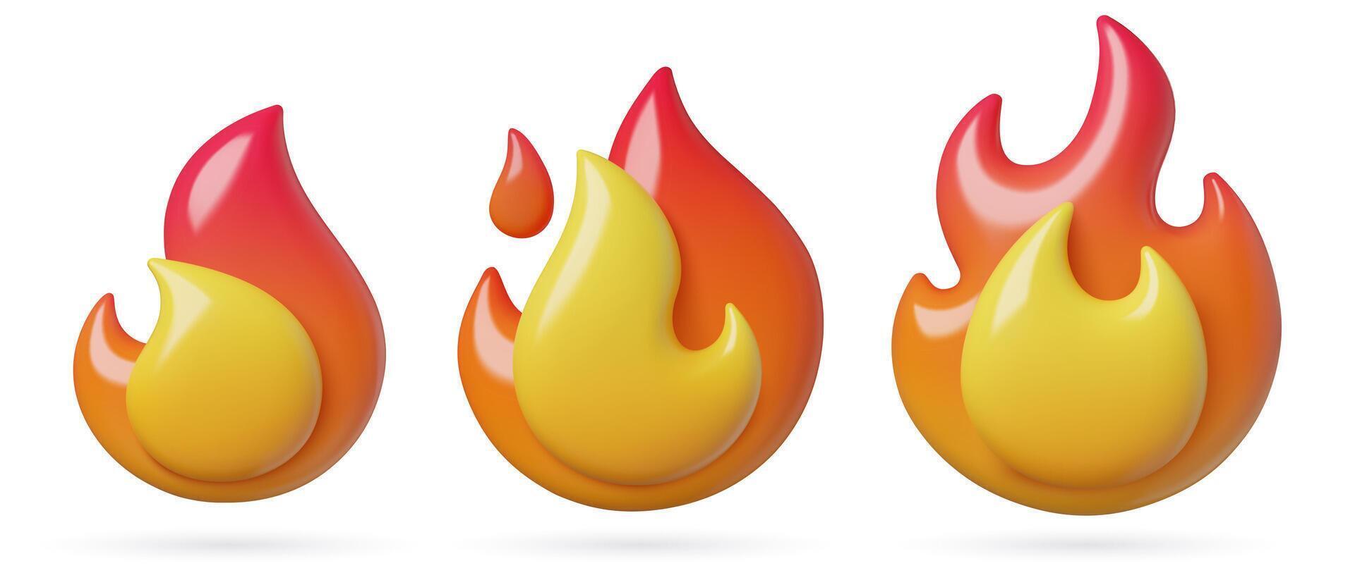 Burning fire and flame cute 3d icons set isolated on white background. vector