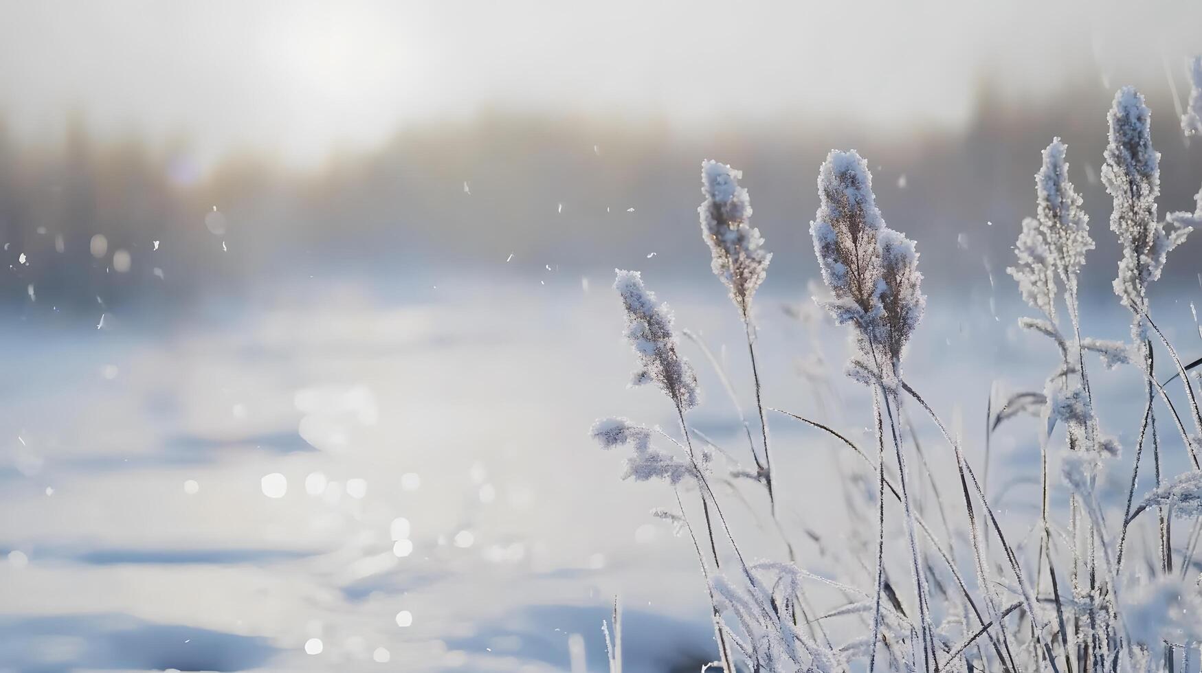 A snowy field with a few plants in the foreground photo