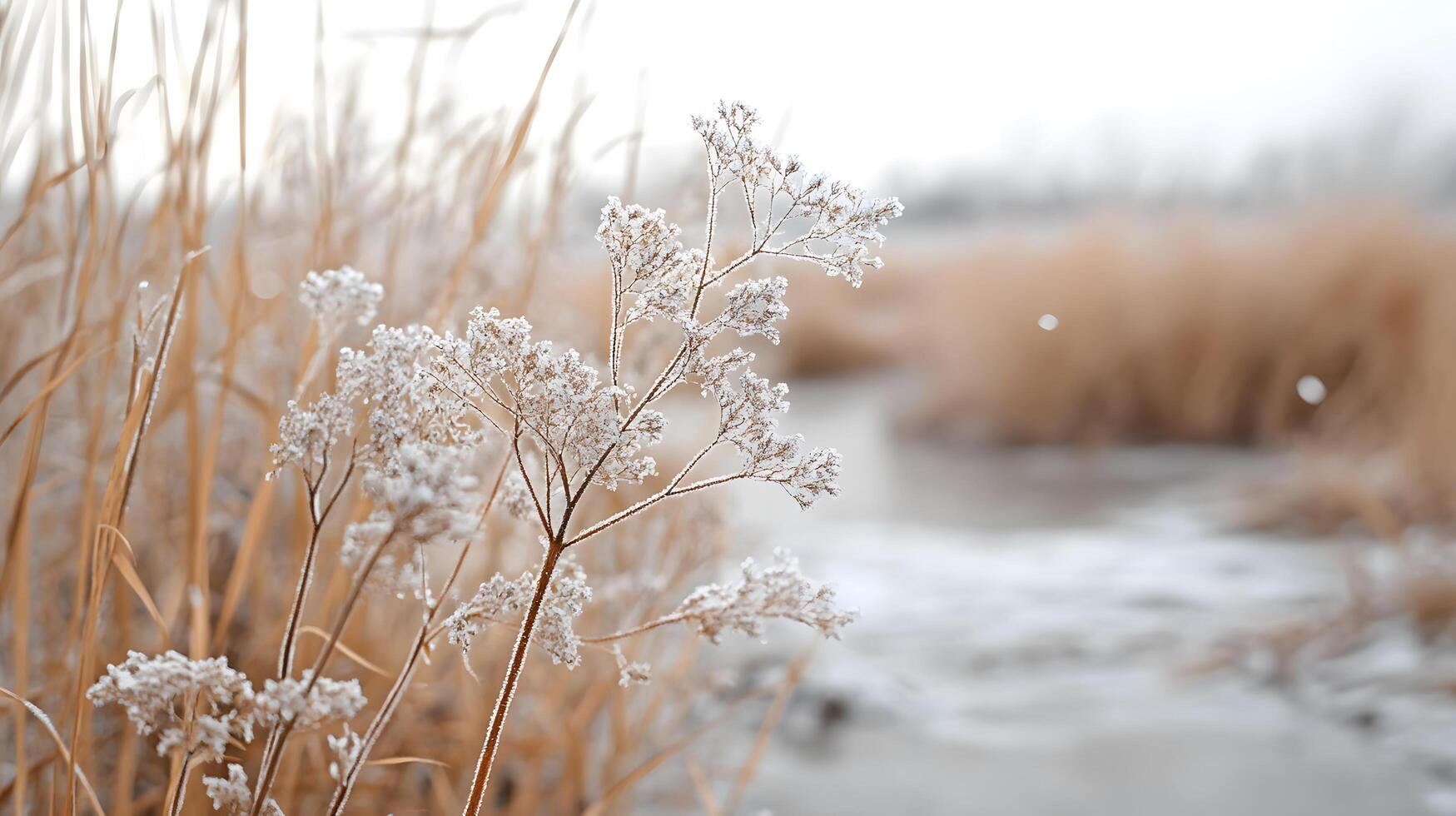 A frosty field with a small plant in the foreground photo
