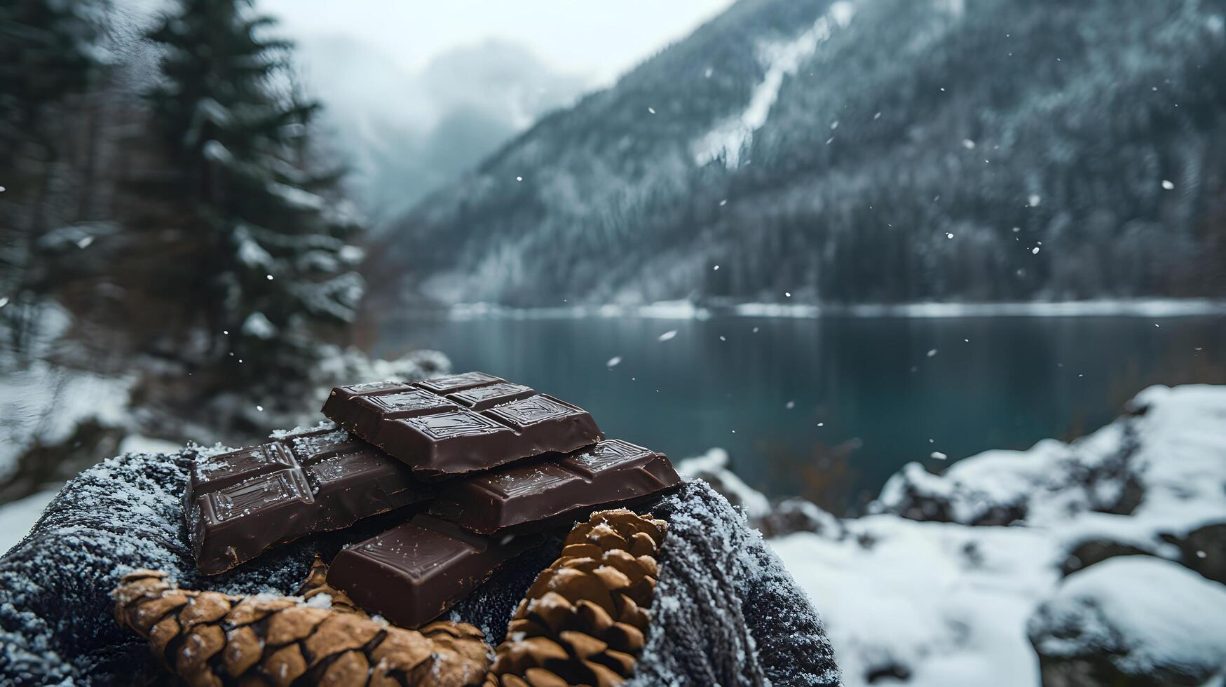 A person holds a bar of chocolate next to a pine cone photo