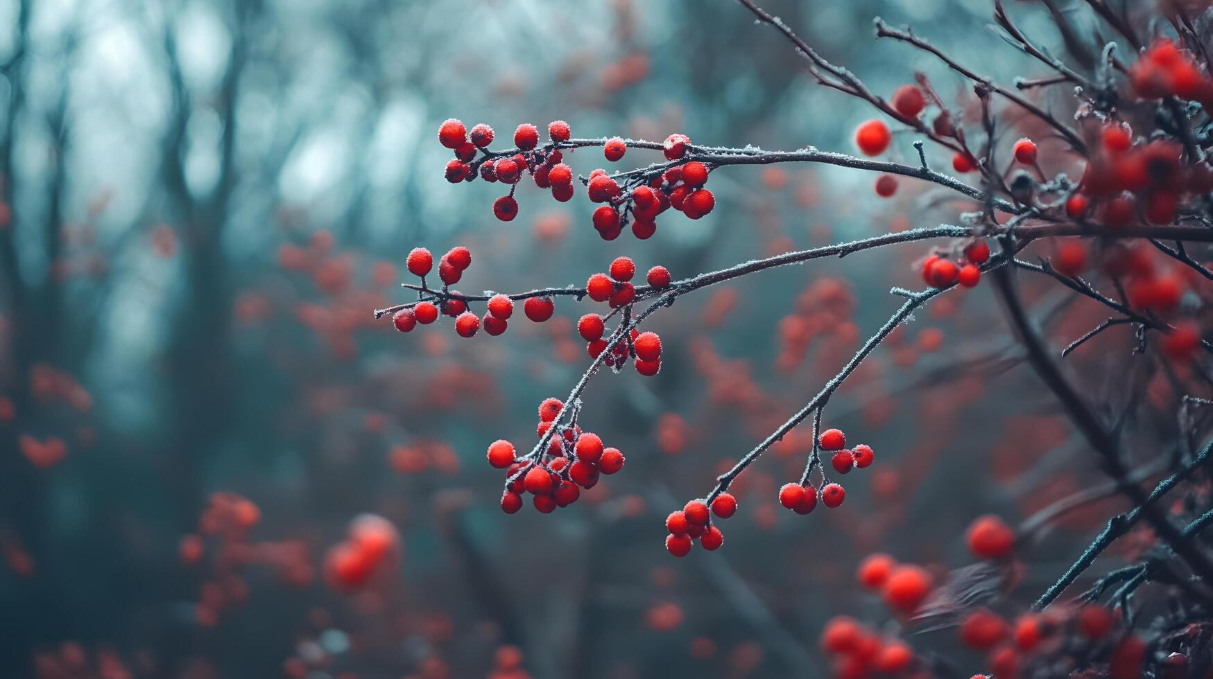 A branch of red berries is shown in a blurry, hazy forest photo