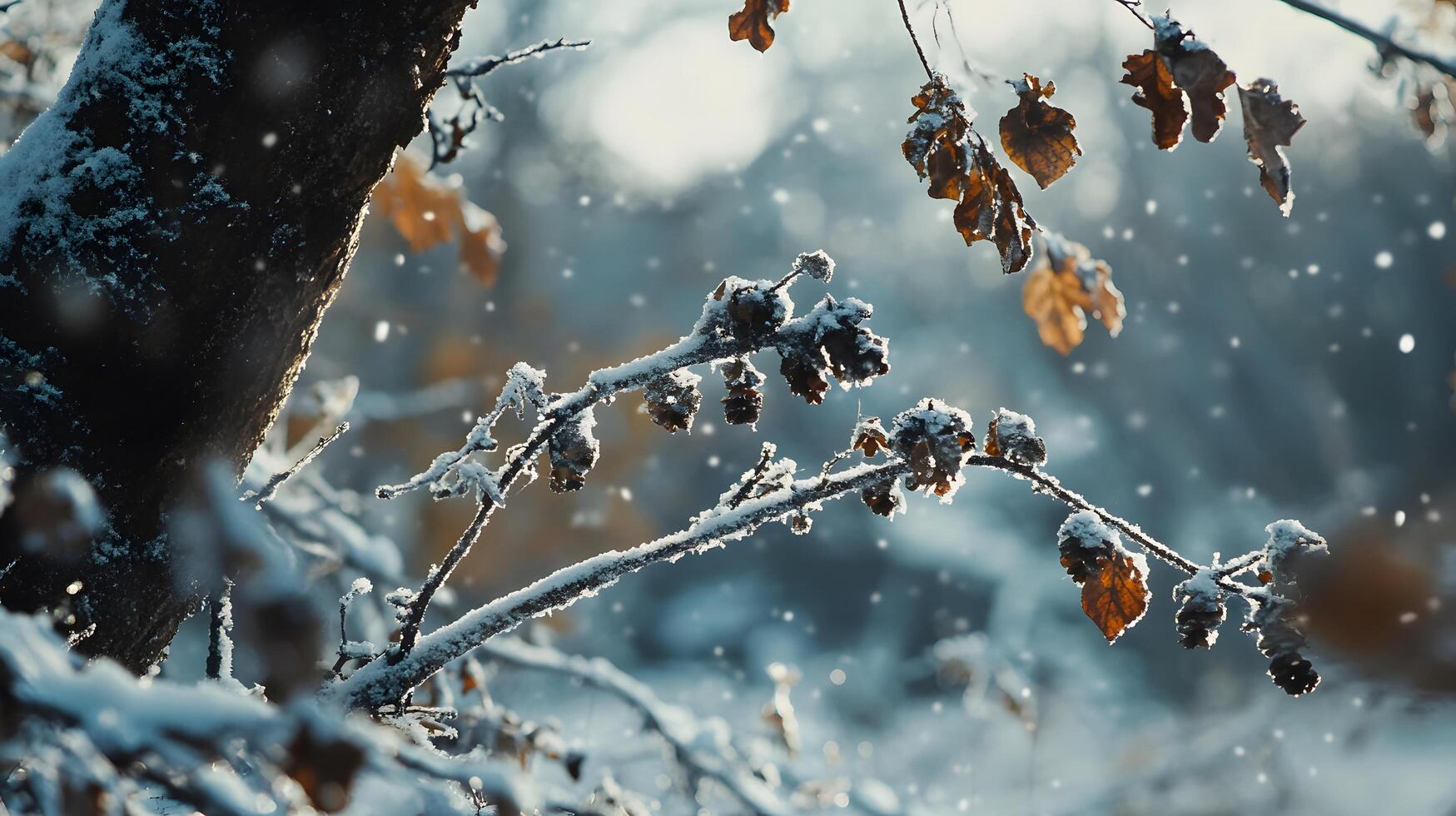 A tree branch covered in snow and leaves photo