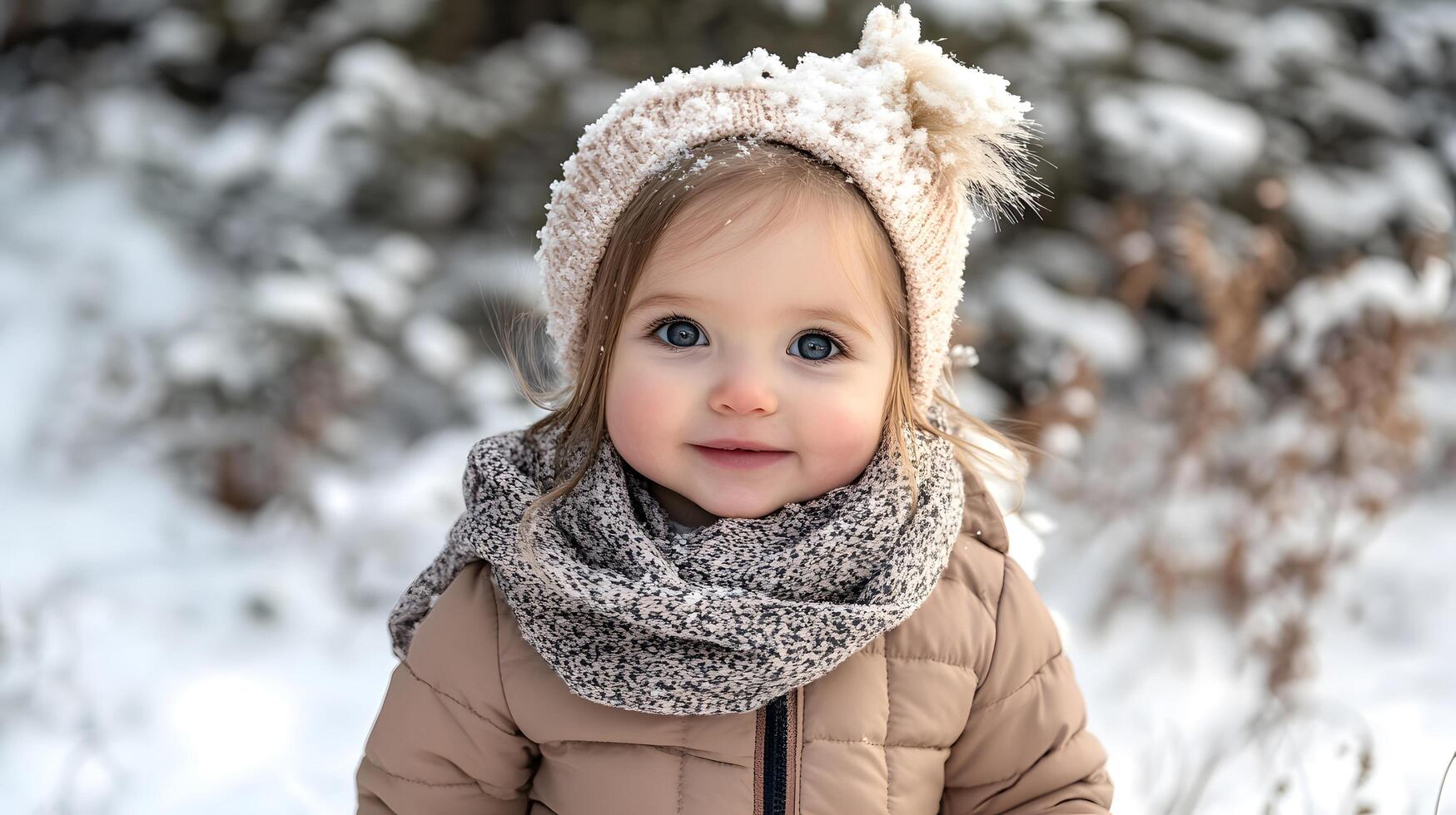 A young child wearing a white hat and a scarf is smiling in the snow photo