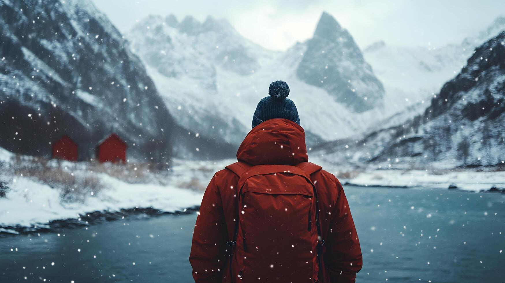A man in a red jacket stands in the snow next to a body of water photo