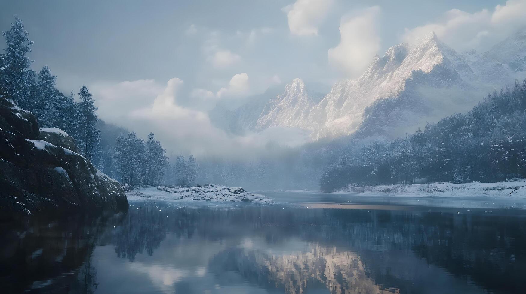 A snowy mountain range with a lake in the foreground photo