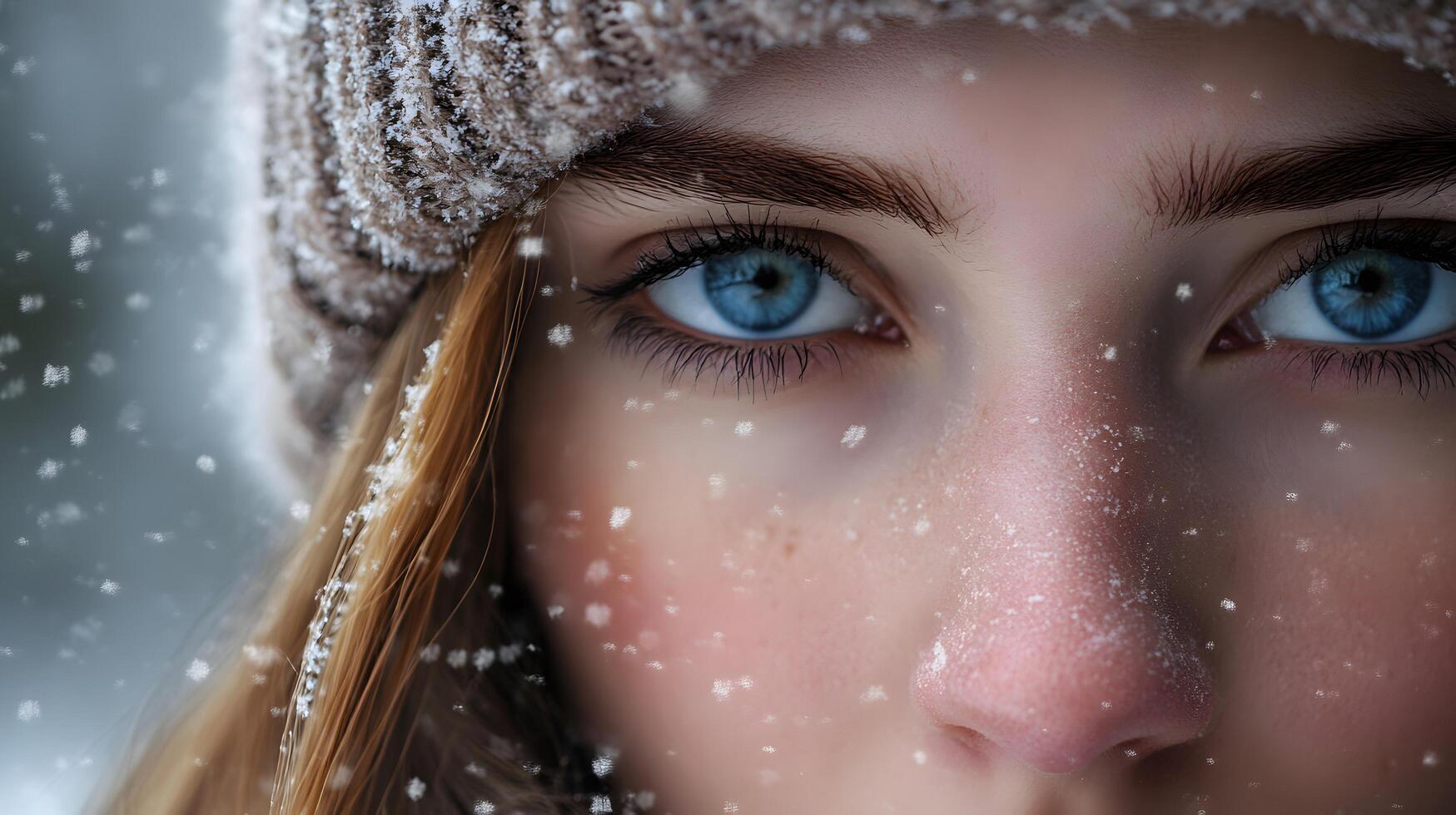 A woman with blue eyes and a hat is in the snow photo