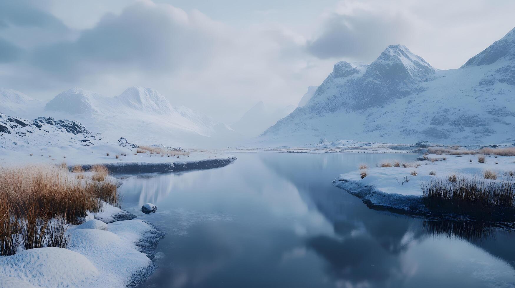 A snowy landscape with a river and mountains in the background photo