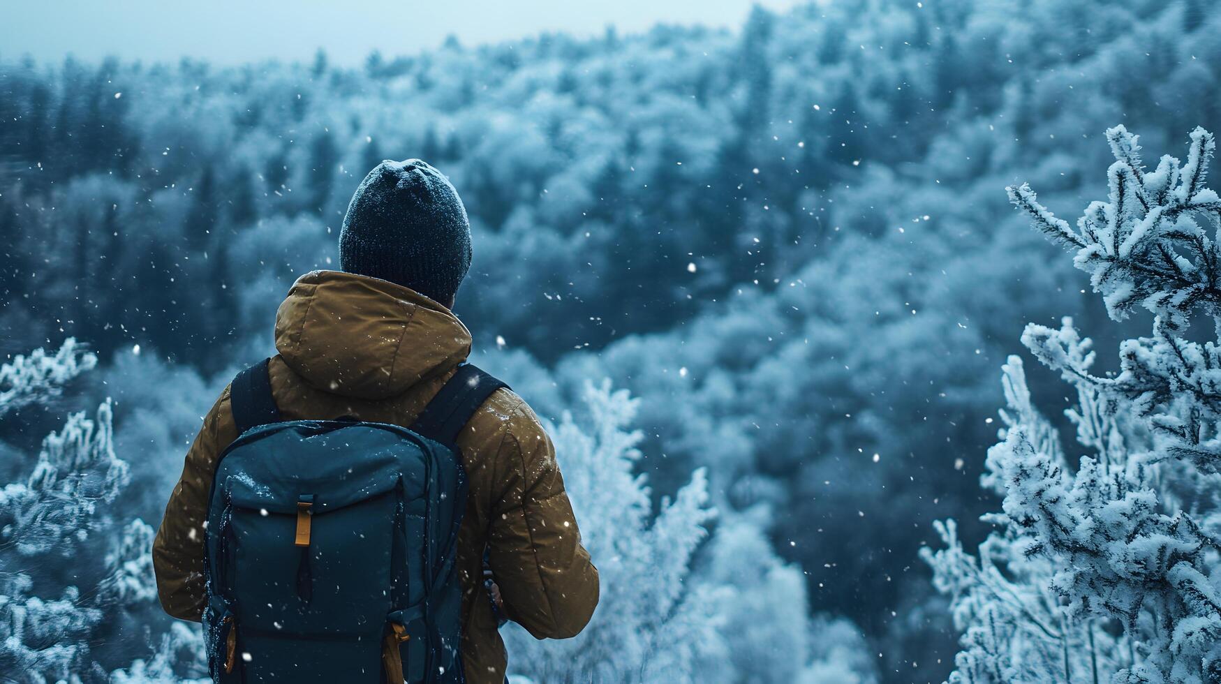 A man wearing a brown jacket and a blue backpack is standing in the snow photo