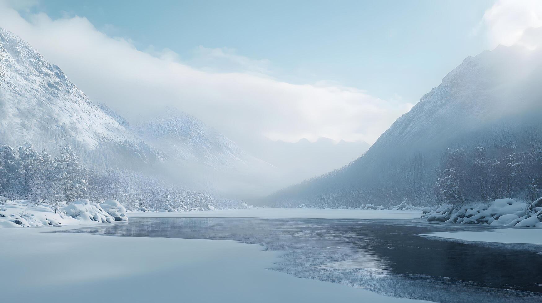 A snowy mountain range with a river running through it photo