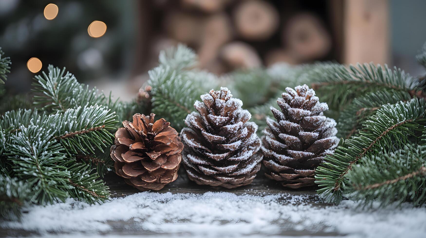 Three pine cones are sitting on a snowy surface photo