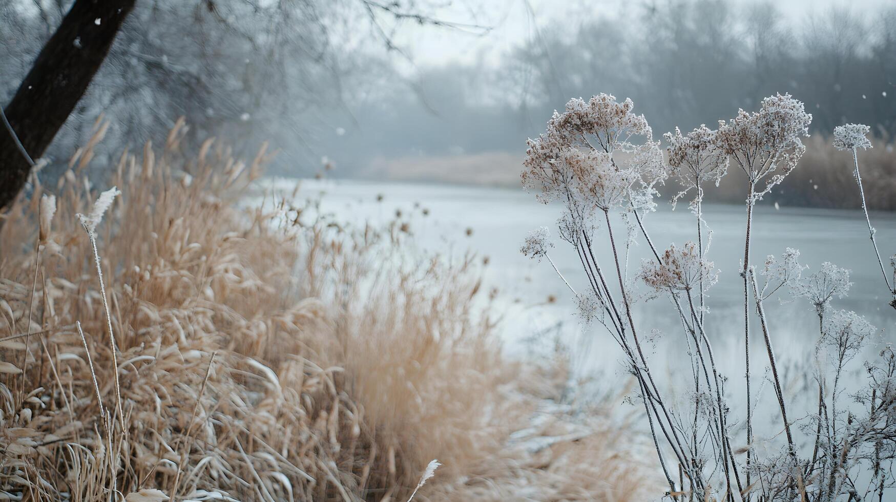 A snowy landscape with a river and a bunch of grass photo