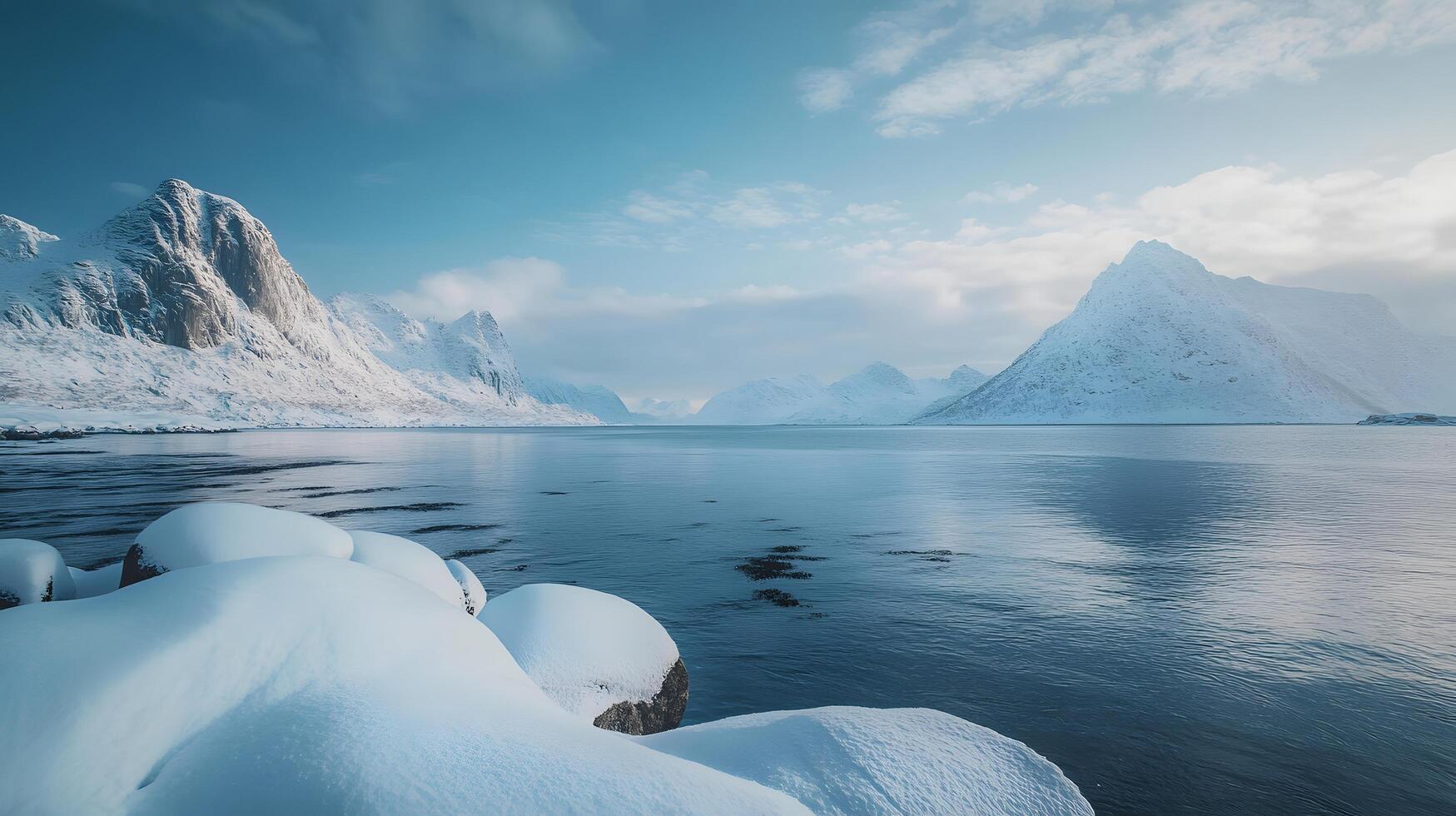 A snowy mountain range with a calm body of water in the foreground photo
