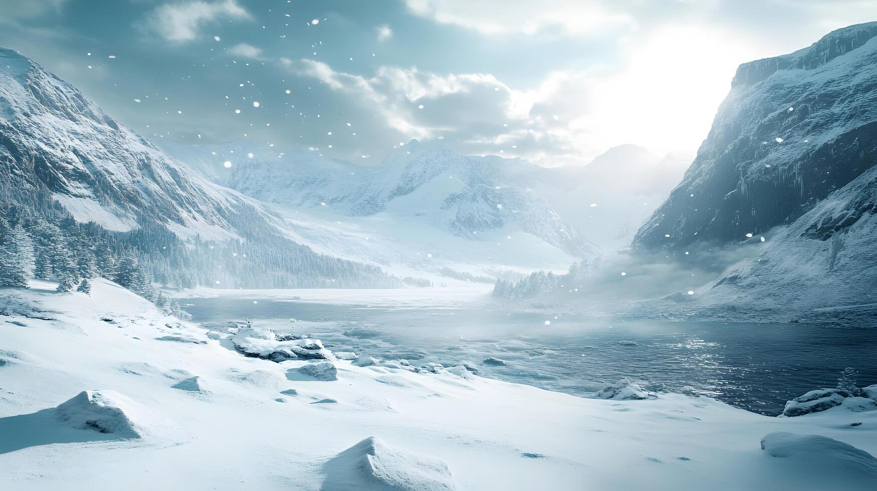 A snowy mountain range with a river running through it photo