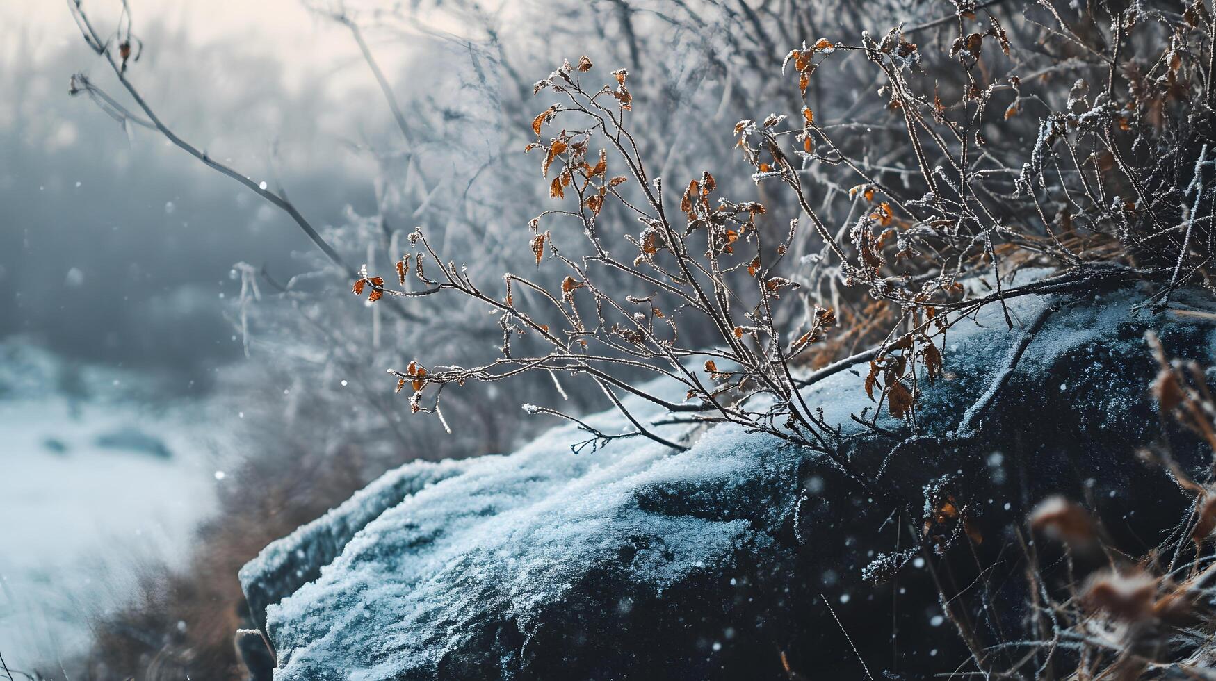 A snow covered rock with a small bush growing out of it photo
