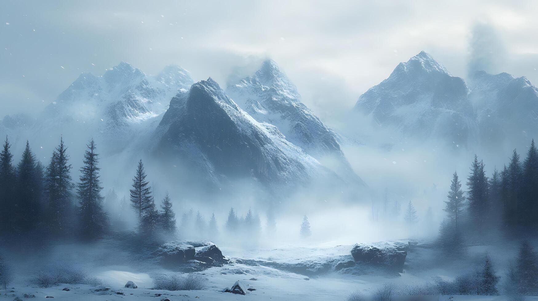 A snowy mountain range with a foggy sky and a forest in the foreground photo