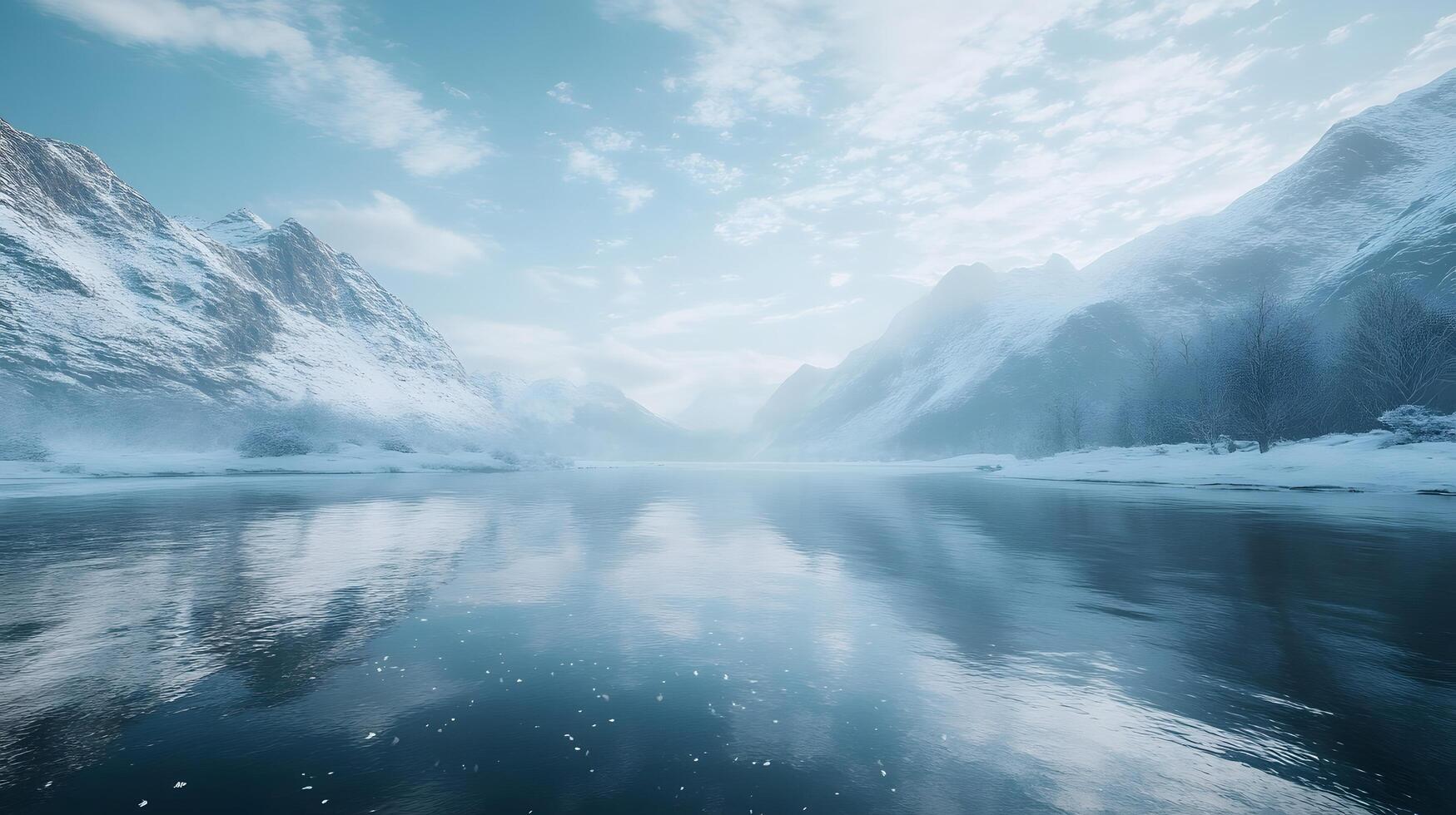 A serene and peaceful scene of a frozen lake with mountains in the background photo
