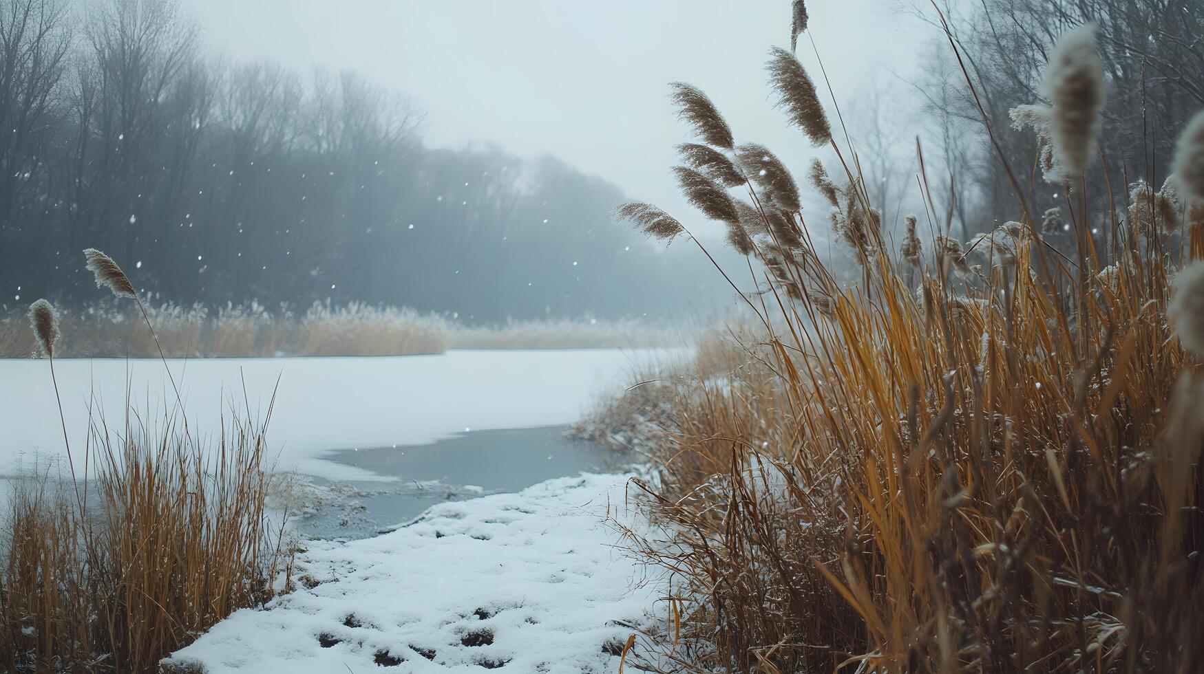 A snowy landscape with a river and a path through the snow photo